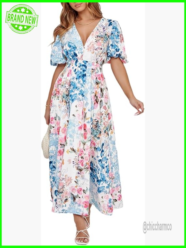Summer Floral Maxi Dress Wedding Guest Casual Short Sleeve V-Neck